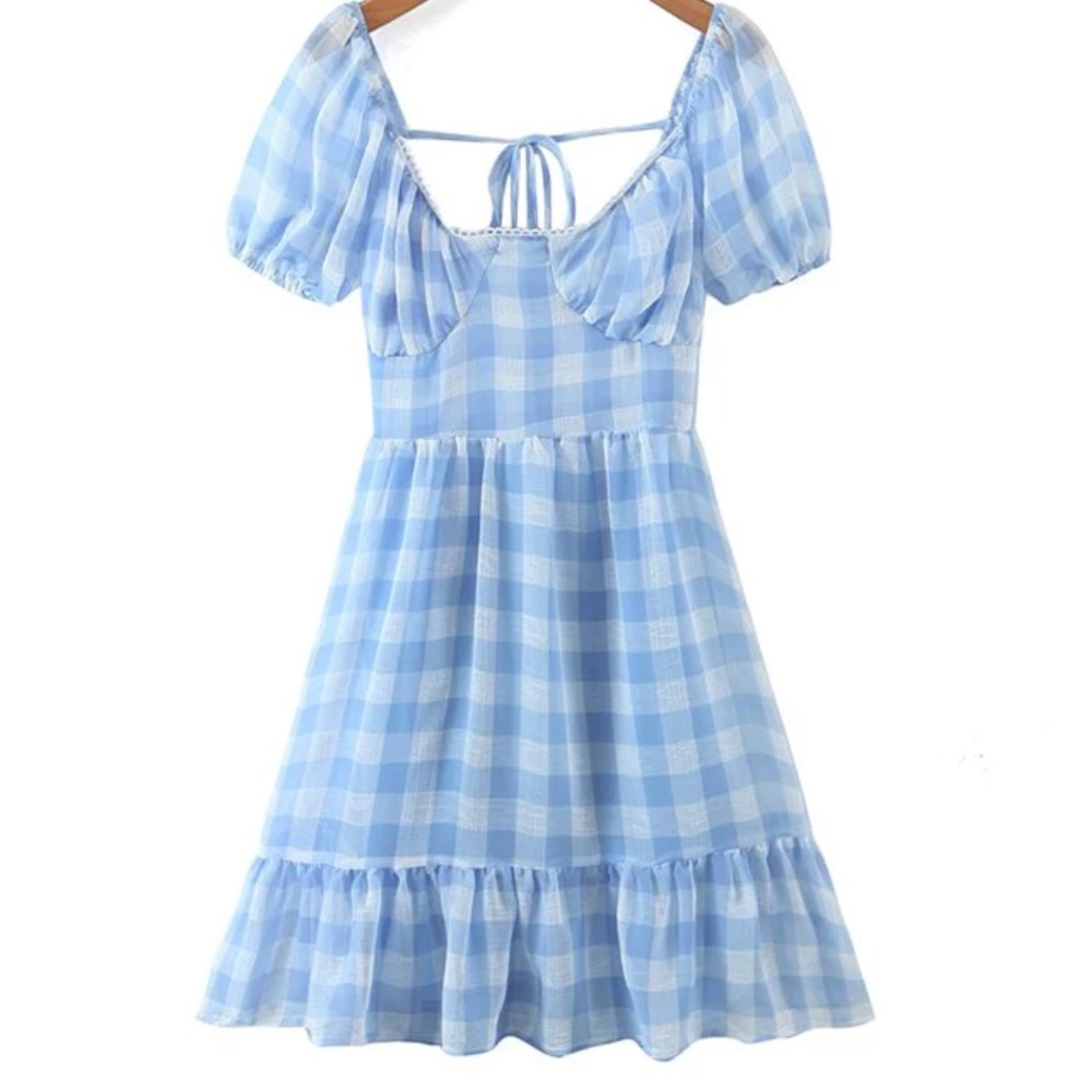 NWOT BLUE GINGHAM OPEN BACK BABYDOLL DRESS